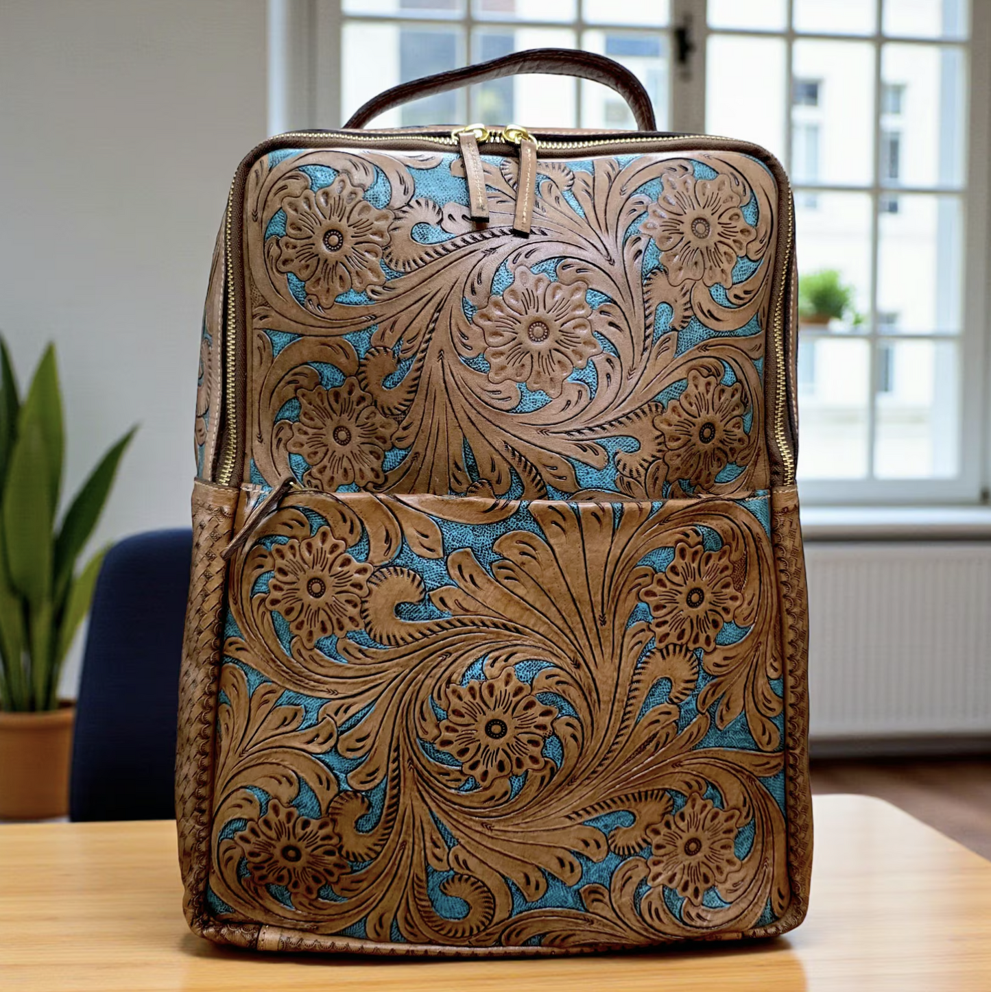 Tooled Leather Laptop Backpack