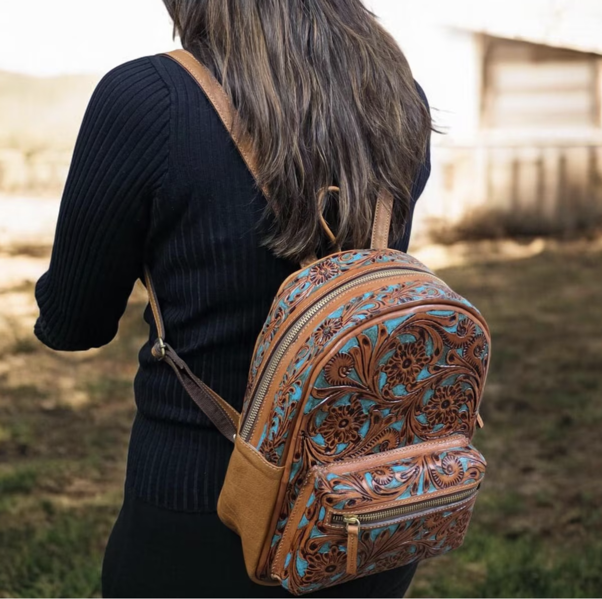 Small Tooled Tan Leather Backpack