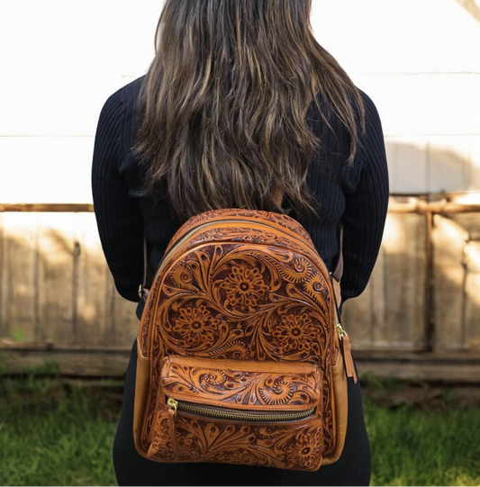 Small Tooled Tan Leather Backpack