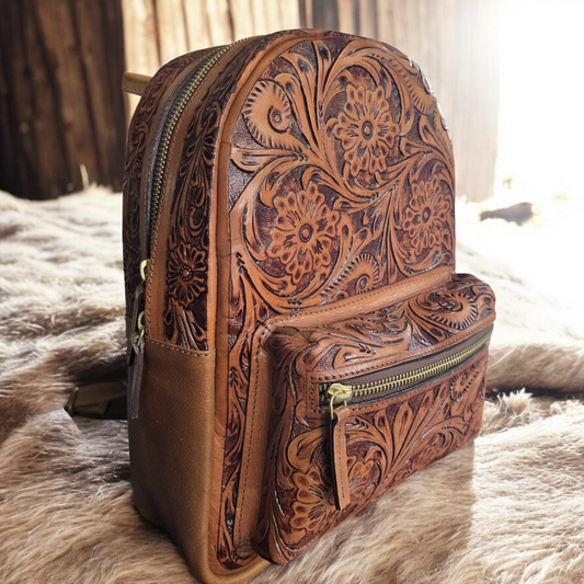 Small Tooled Tan Leather Backpack