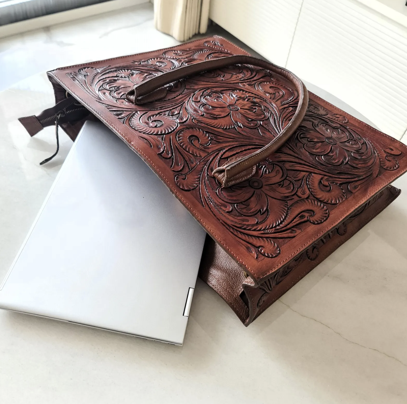 Regular Hand Tooled Brown Floral Western Tote
