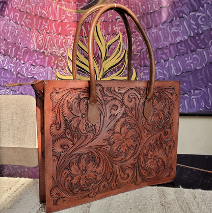 Regular Hand Tooled Brown Floral Western Tote