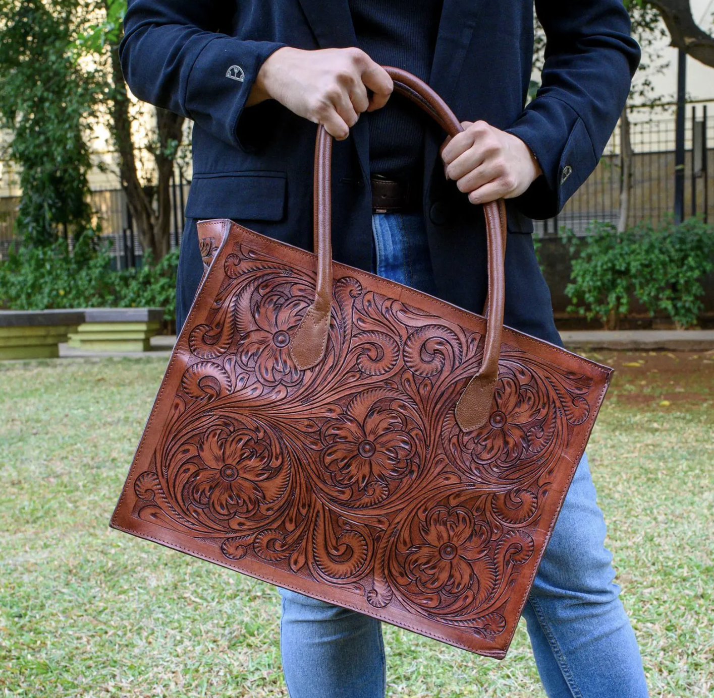 Regular Hand Tooled Brown Floral Western Tote