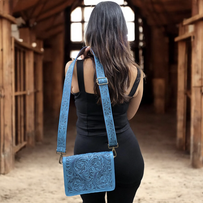 Western Tooled Purse Tan Turquoise Sling