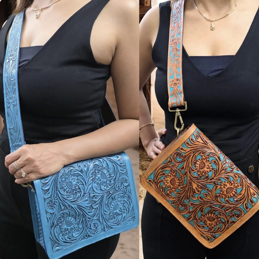 Western Tooled Purse Tan Turquoise Sling