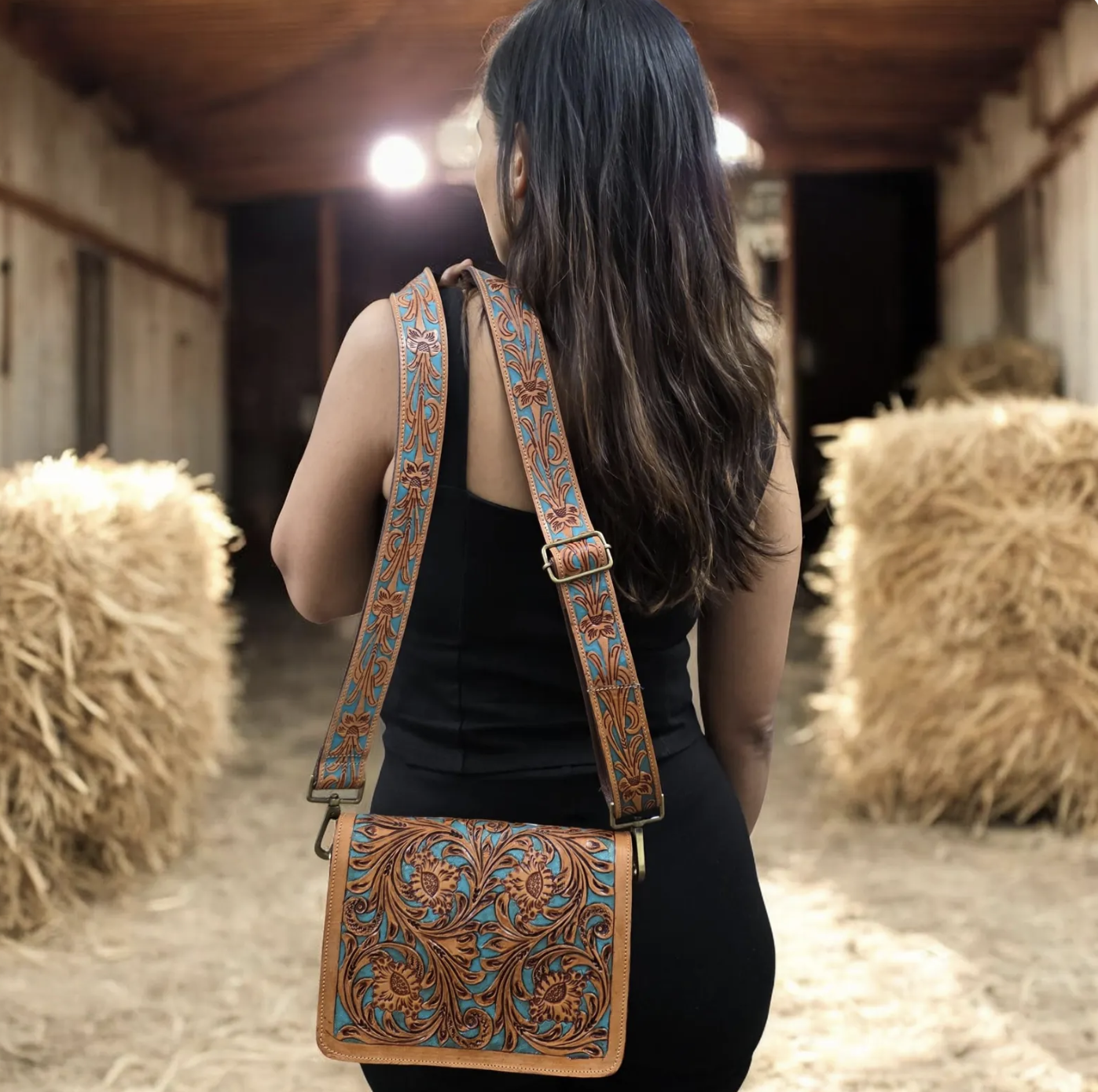 Western Tooled Purse Tan Turquoise Sling