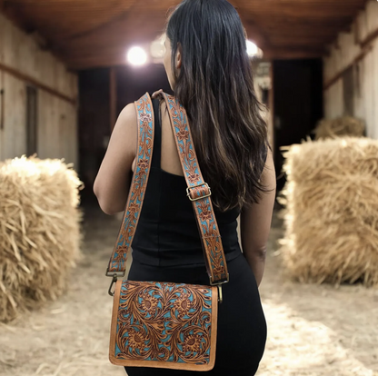 Western Tooled Purse Tan Turquoise Sling