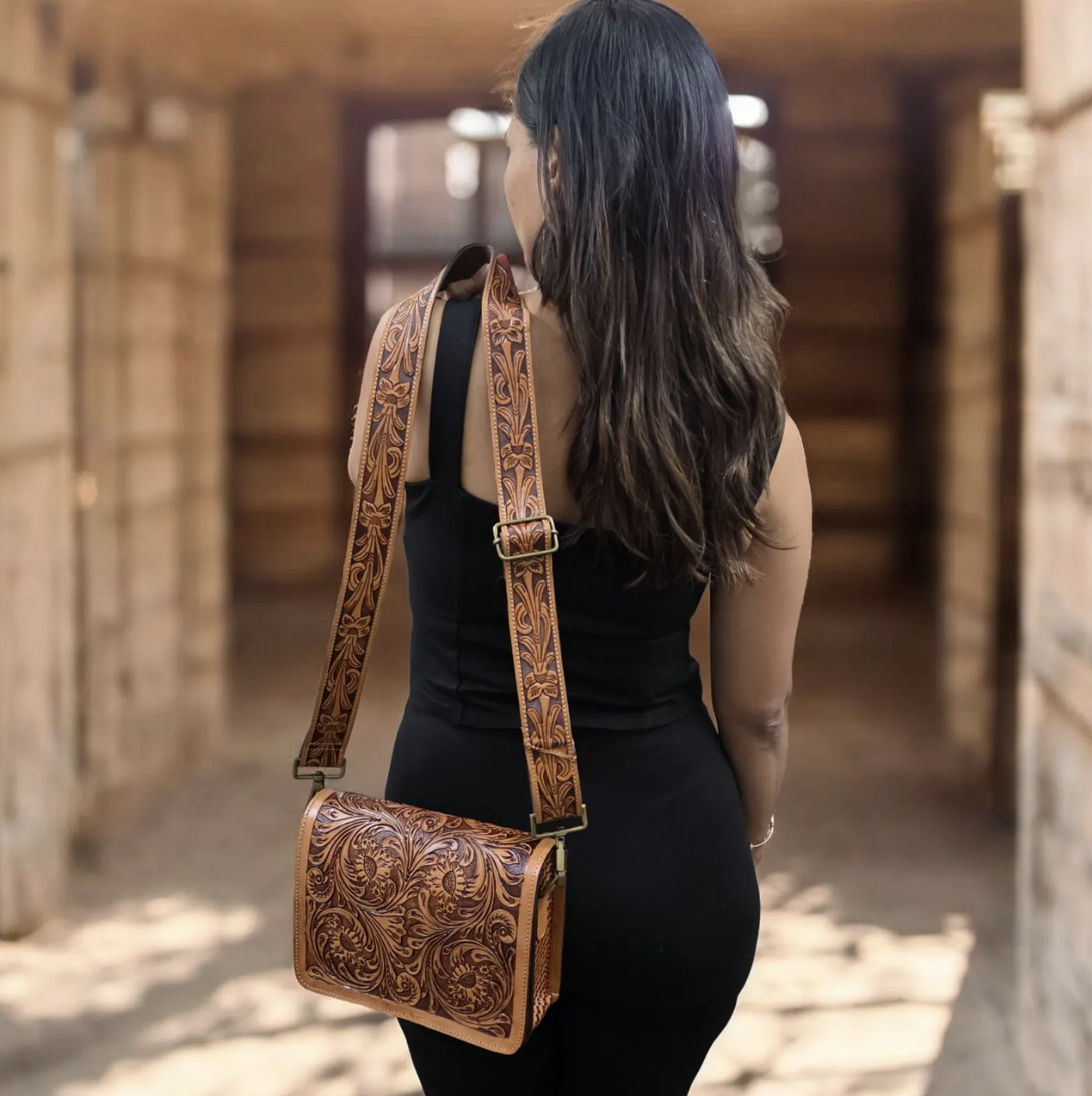 Western Tooled Purse Tan Turquoise Sling