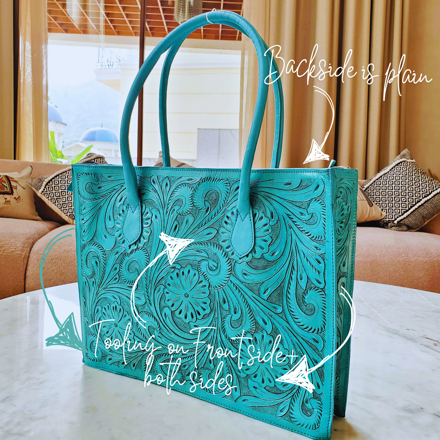 Regular Hand Tooled Turquoise Floral Western Tote