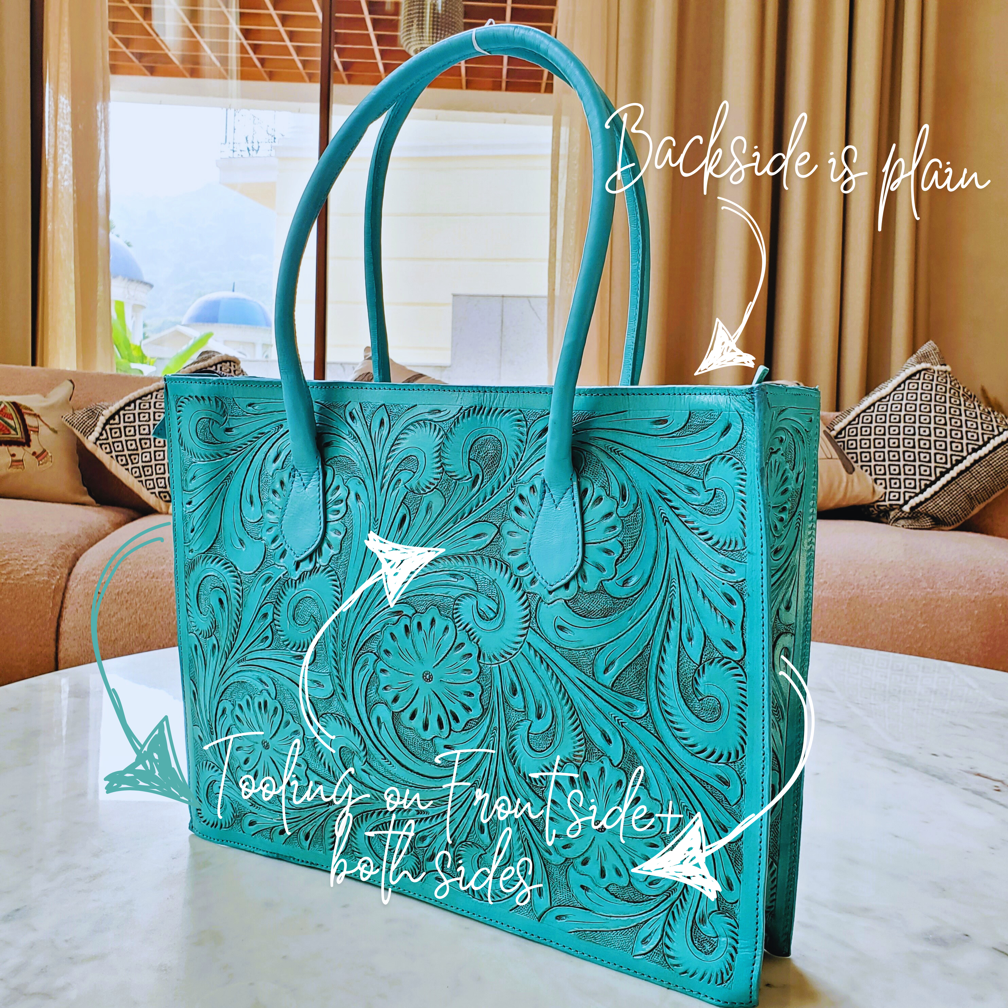 Hand Tooled Turquoise Floral Western Tote