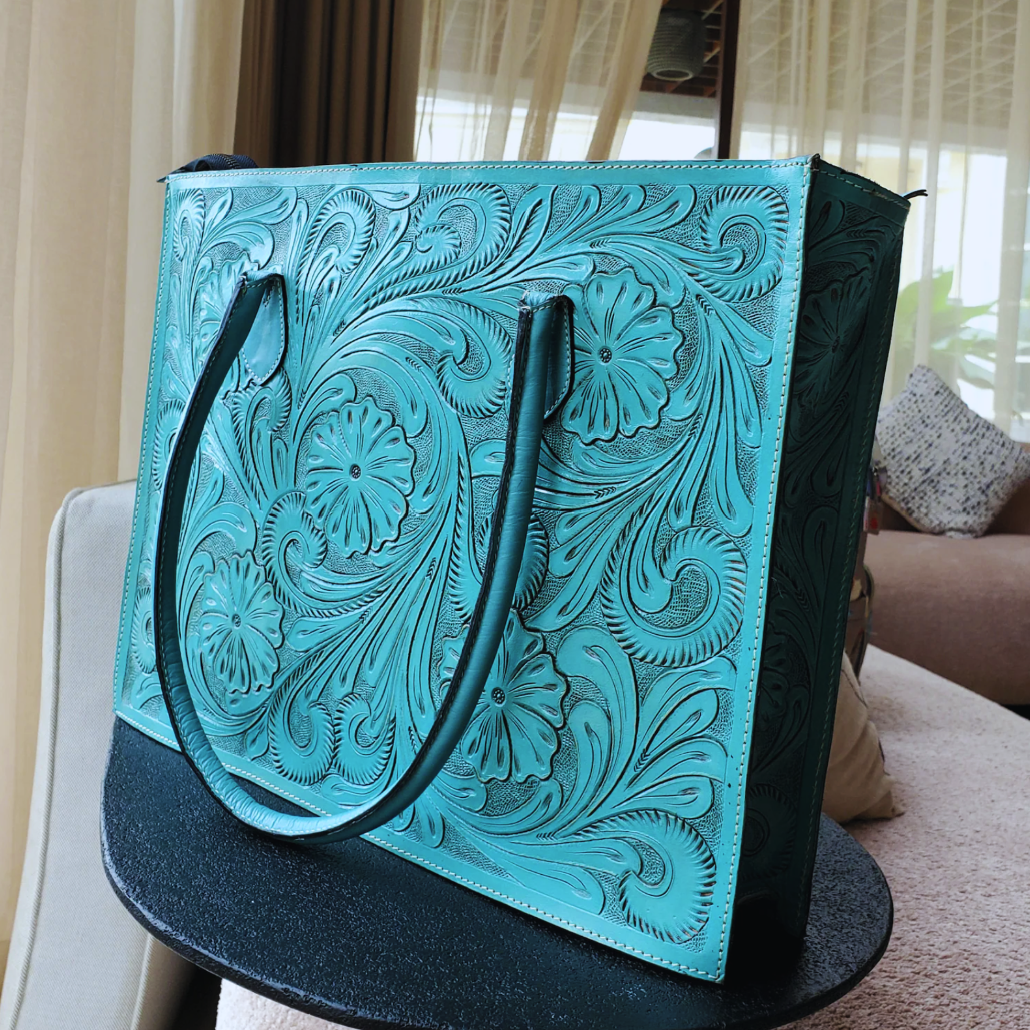 Hand Tooled Turquoise Floral Western Tote