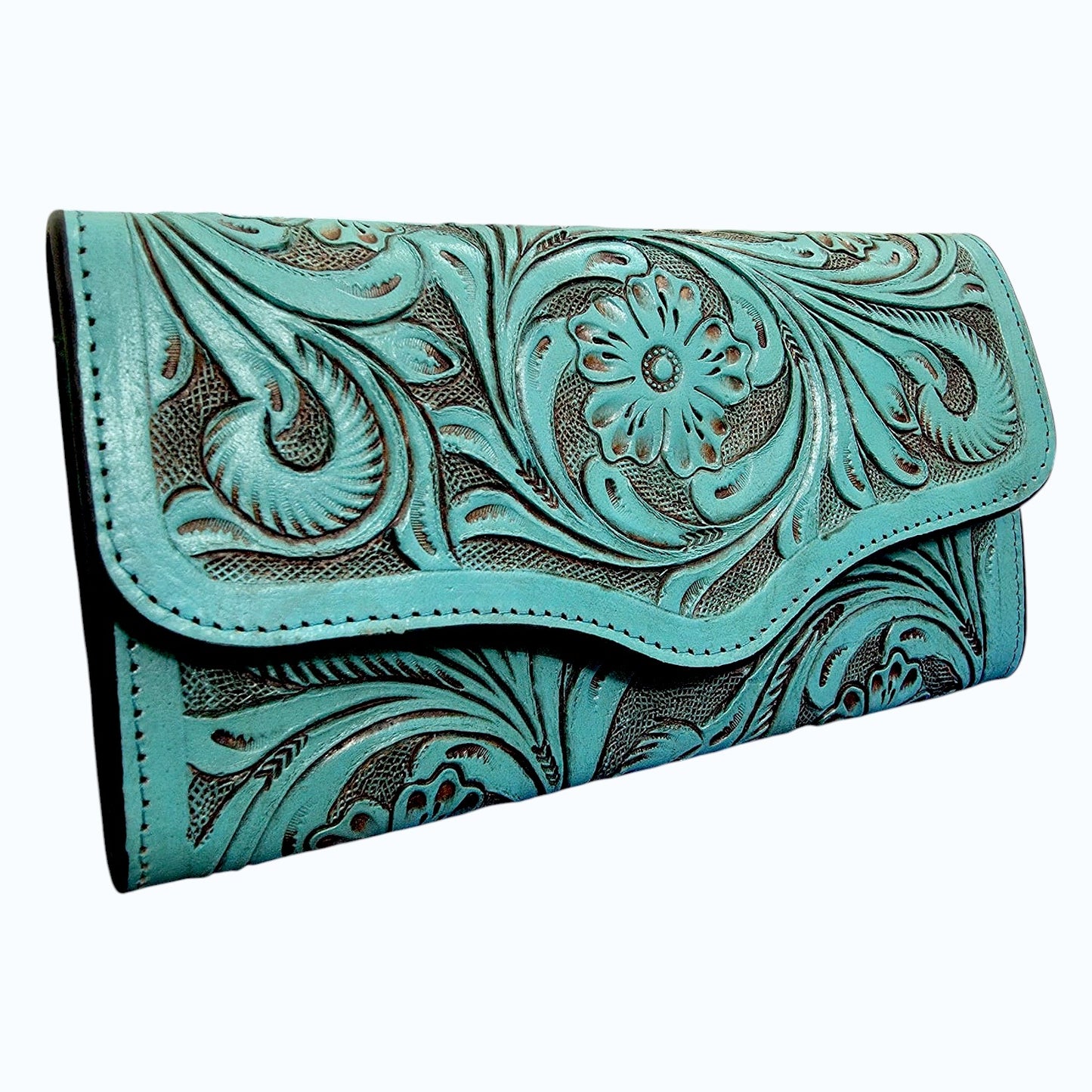 Western Tooled Walnut Brown Leather Clutch