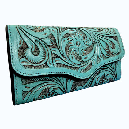 Western Tooled Walnut Brown Leather Clutch