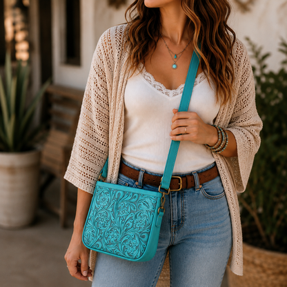 Tooled Leather Turquoise Crossbody Purse