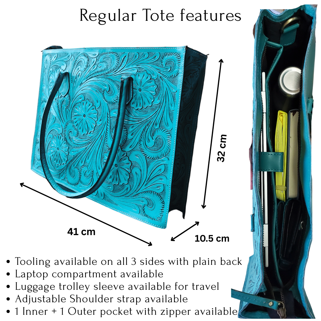 Regular Hand Tooled Turquoise Floral Western Tote