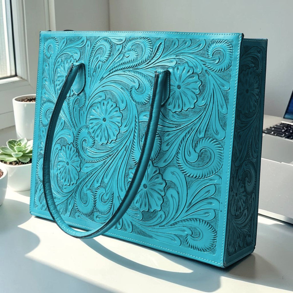 Regular Hand Tooled Turquoise Floral Western Tote