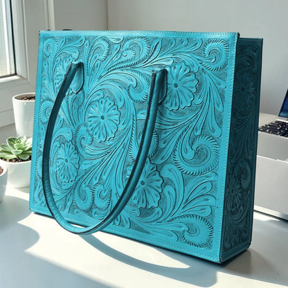 Regular Hand Tooled Turquoise Floral Western Tote
