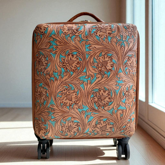 Tooled Western Tan-Turquoise Rolling Trolley Weekender
