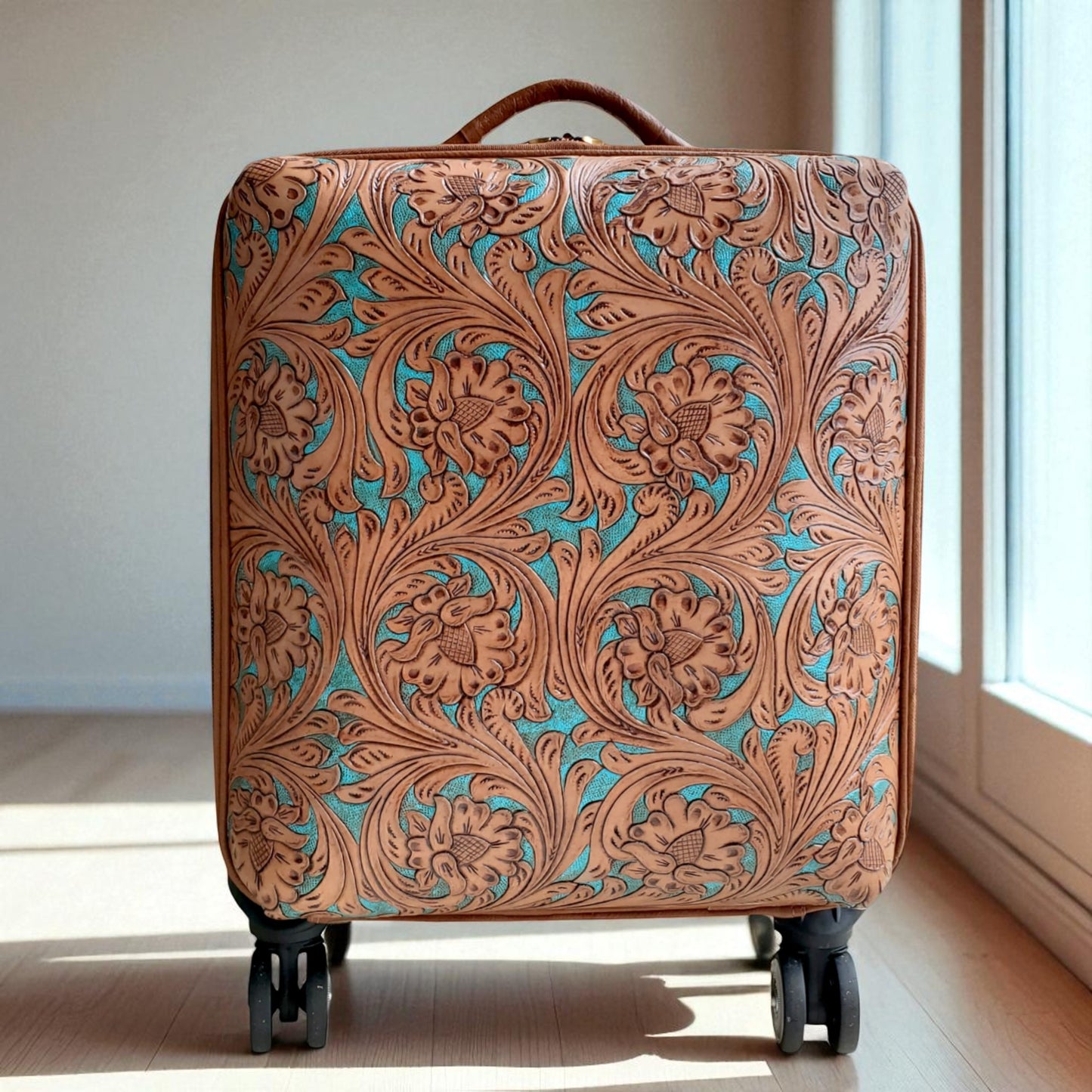 Tooled Western Tan-Turquoise Rolling Trolley Weekender