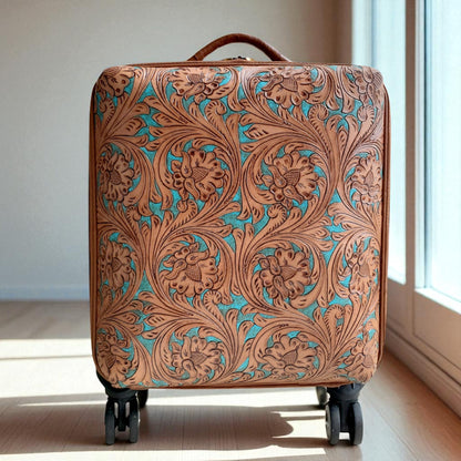 Tooled Western Tan-Turquoise Rolling Trolley Weekender