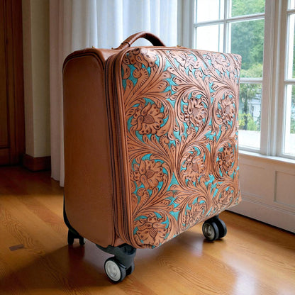Tooled Western Tan-Turquoise Rolling Trolley Weekender