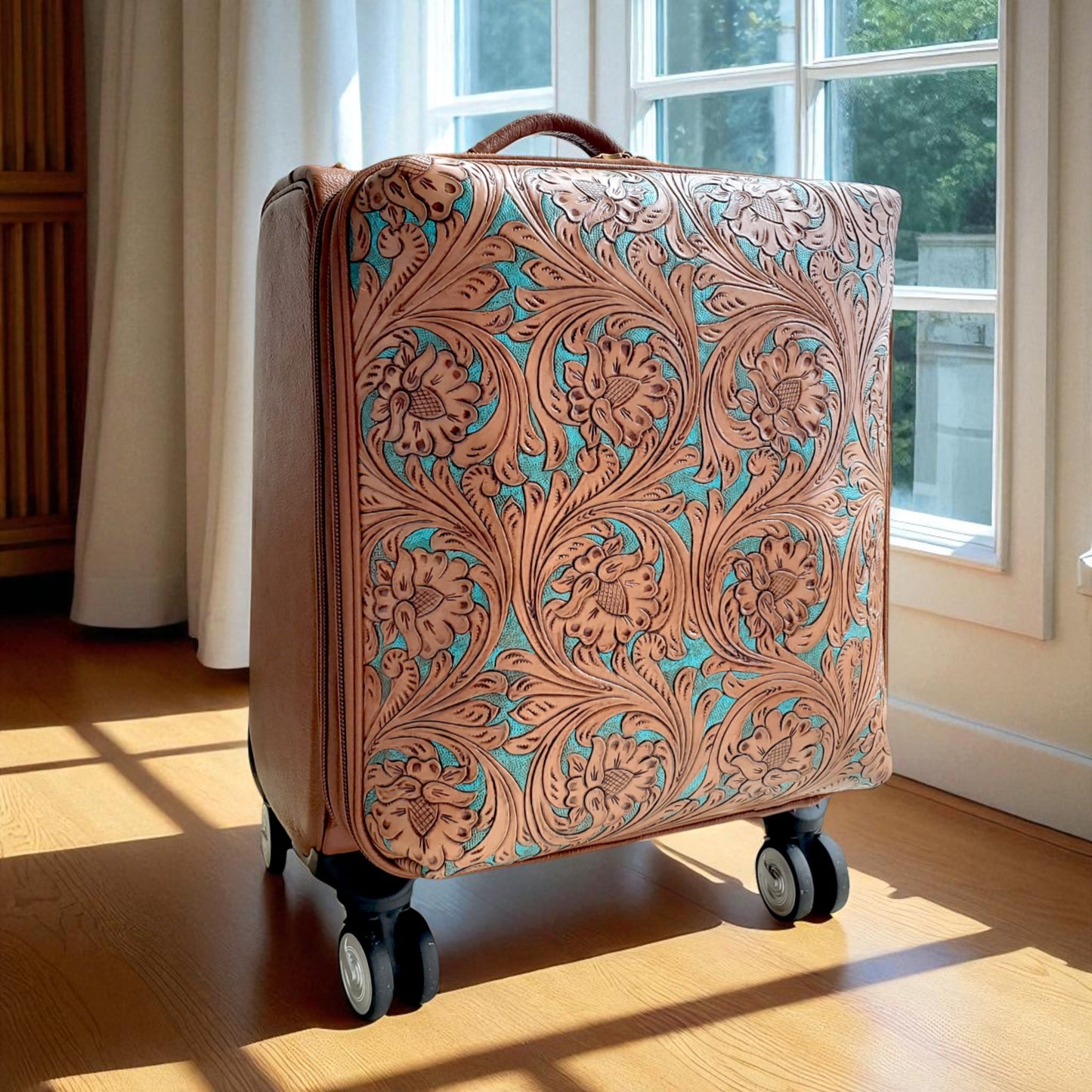 Tooled Western Tan-Turquoise Rolling Trolley Weekender