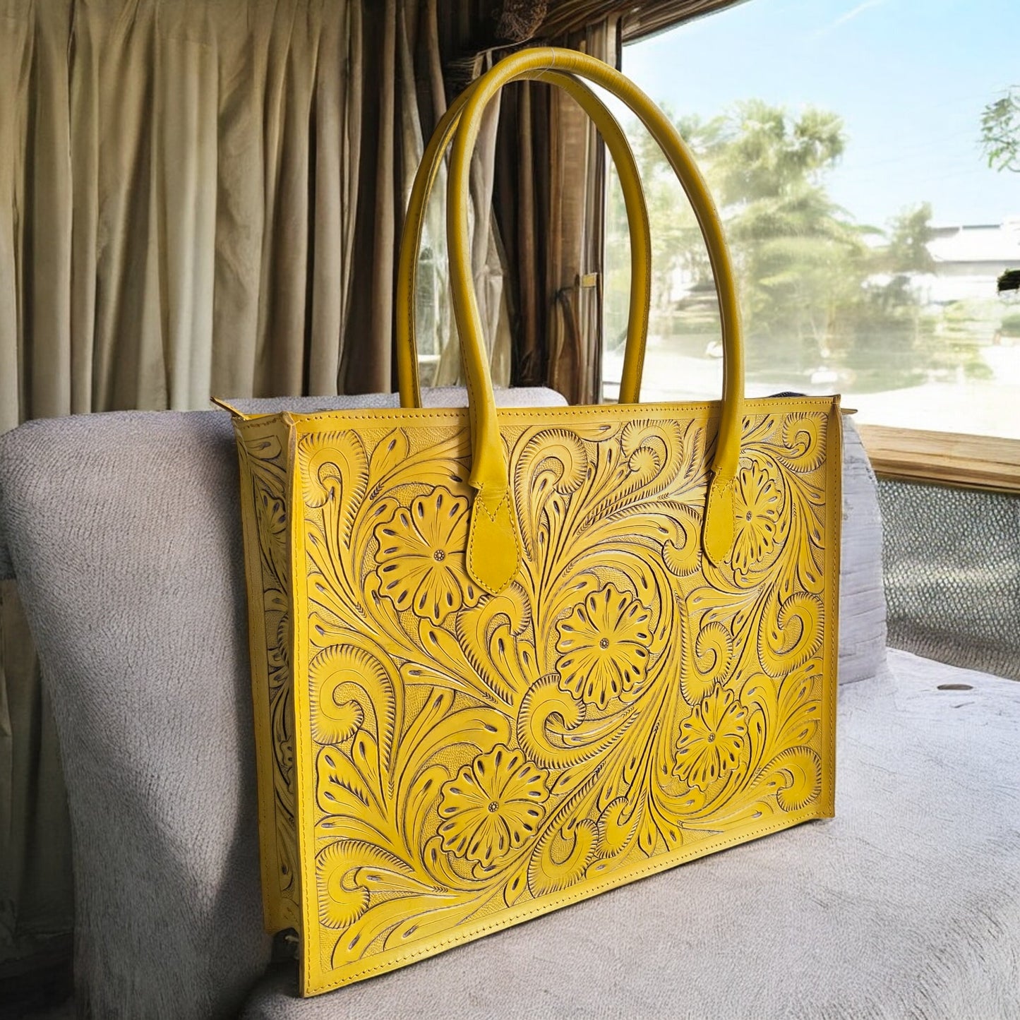Regular Hand Tooled Turquoise Floral Western Tote