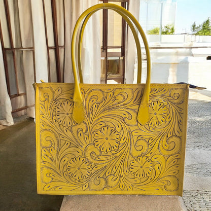 Regular Hand Tooled Turquoise Floral Western Tote