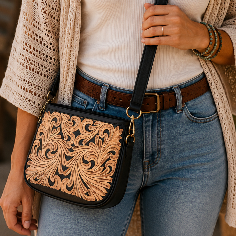 Tooled Black Tan Leather Crossbody Purse