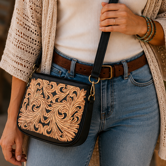 Tooled Black Tan Leather Crossbody Purse