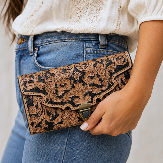 Western Tooled Floral Clutch