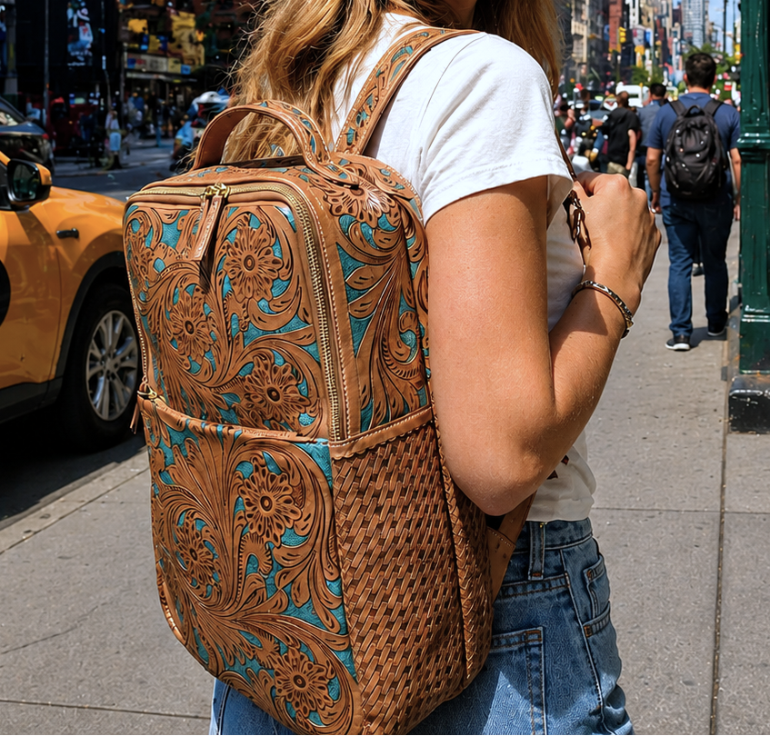 Tooled Leather Laptop Backpack