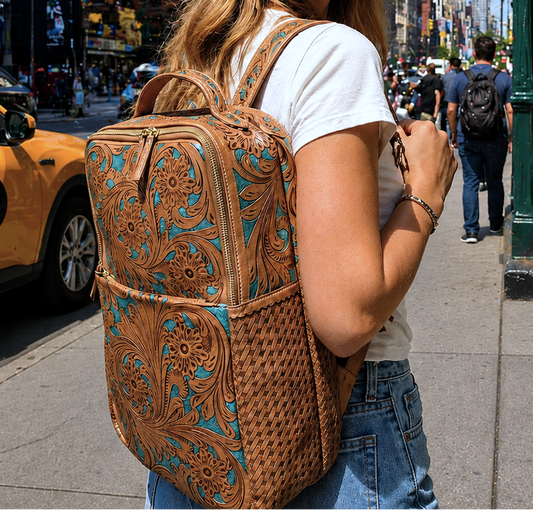 Tooled Leather Laptop Backpack