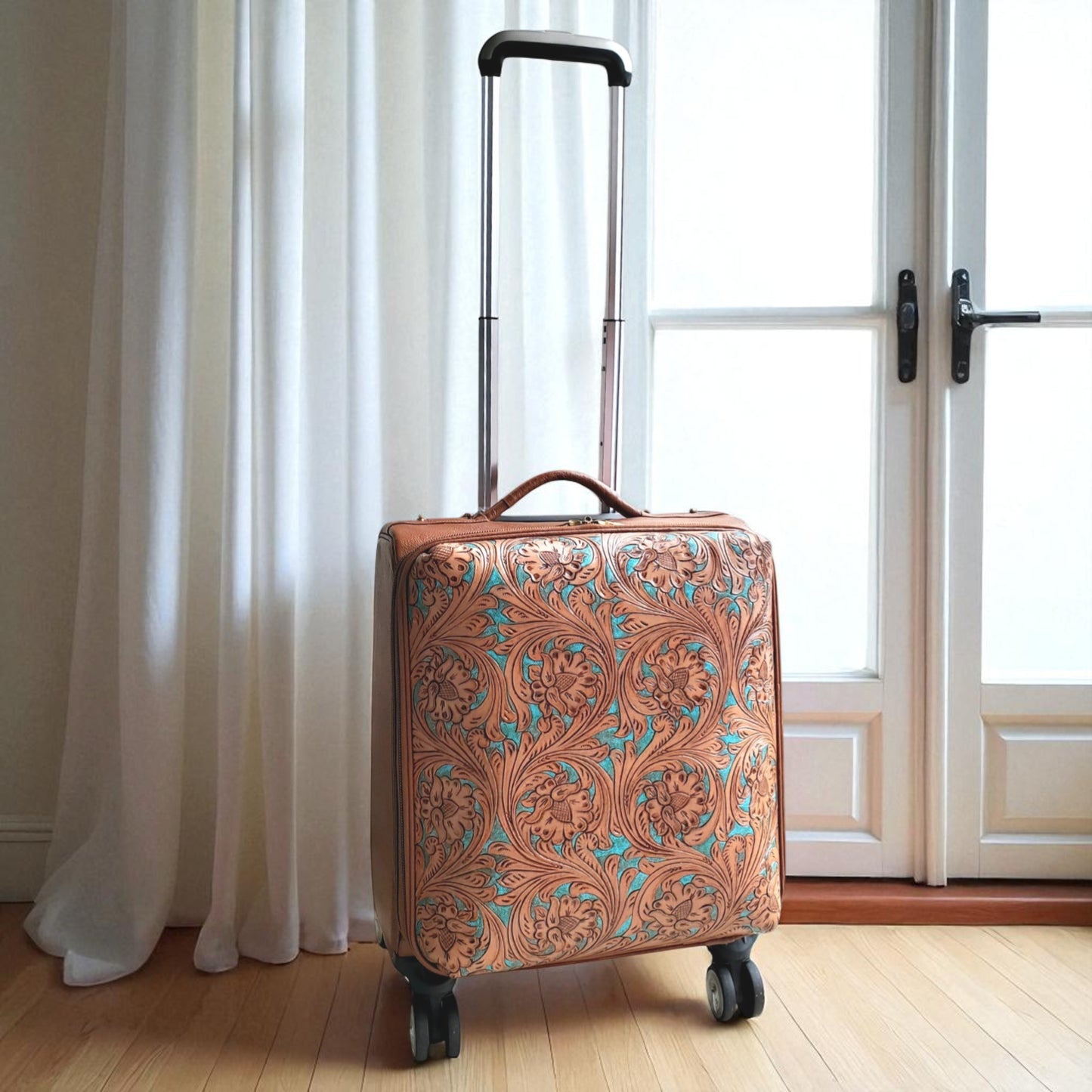 Tooled Western Tan-Turquoise Rolling Trolley Weekender