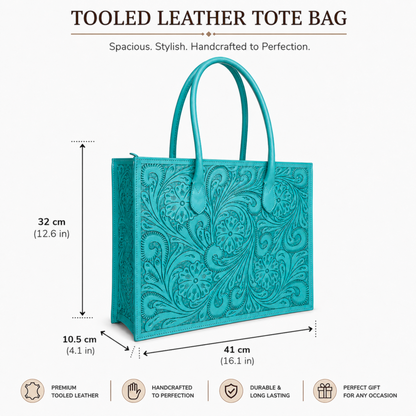 Regular Hand Tooled Turquoise Floral Western Tote