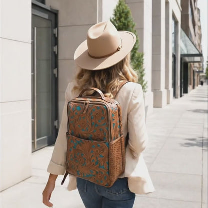 Tooled Leather Laptop Backpack