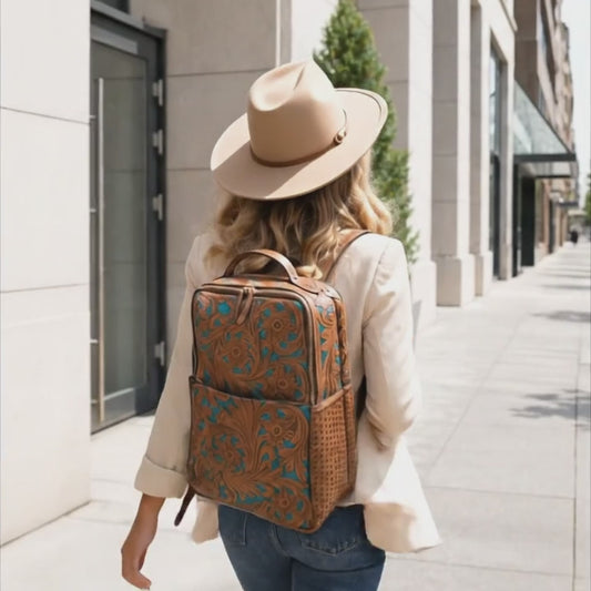 Tooled Leather Laptop Backpack