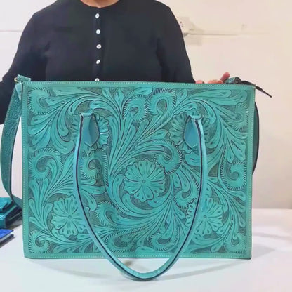 Regular Hand Tooled Turquoise Floral Western Tote