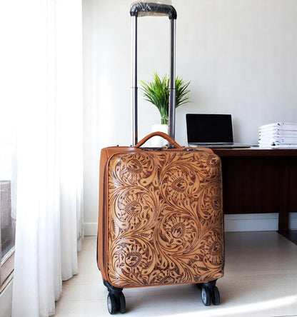 Western Tan Tooled Rolling Trolley Weekender