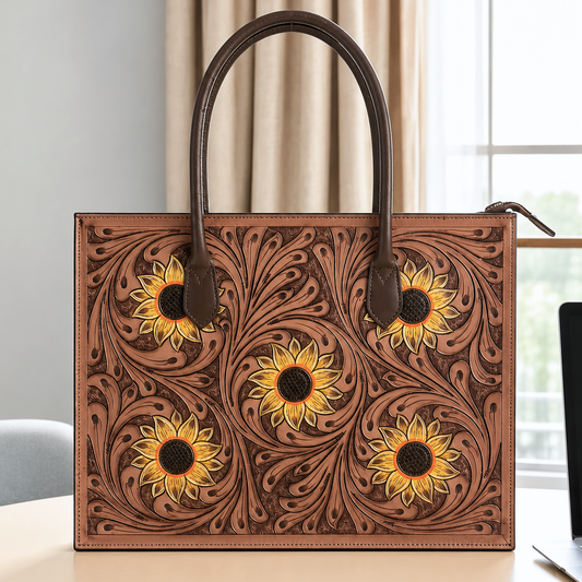 Regular Hand Tooled Sunflower Tan Western Tote