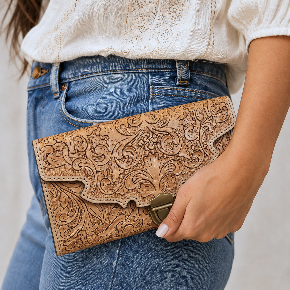 Western Tooled Floral Clutch