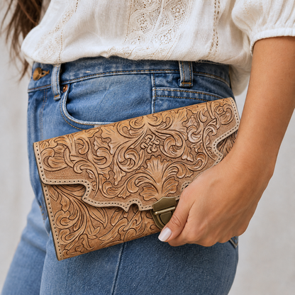 Western Tooled Floral Clutch