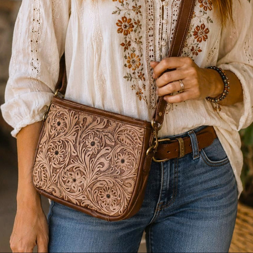 Tooled Tan Leather Crossbody Purse