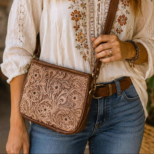 Tooled Tan Leather Crossbody Purse