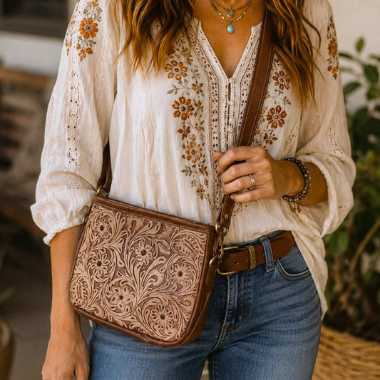 Tooled Tan Leather Crossbody Purse