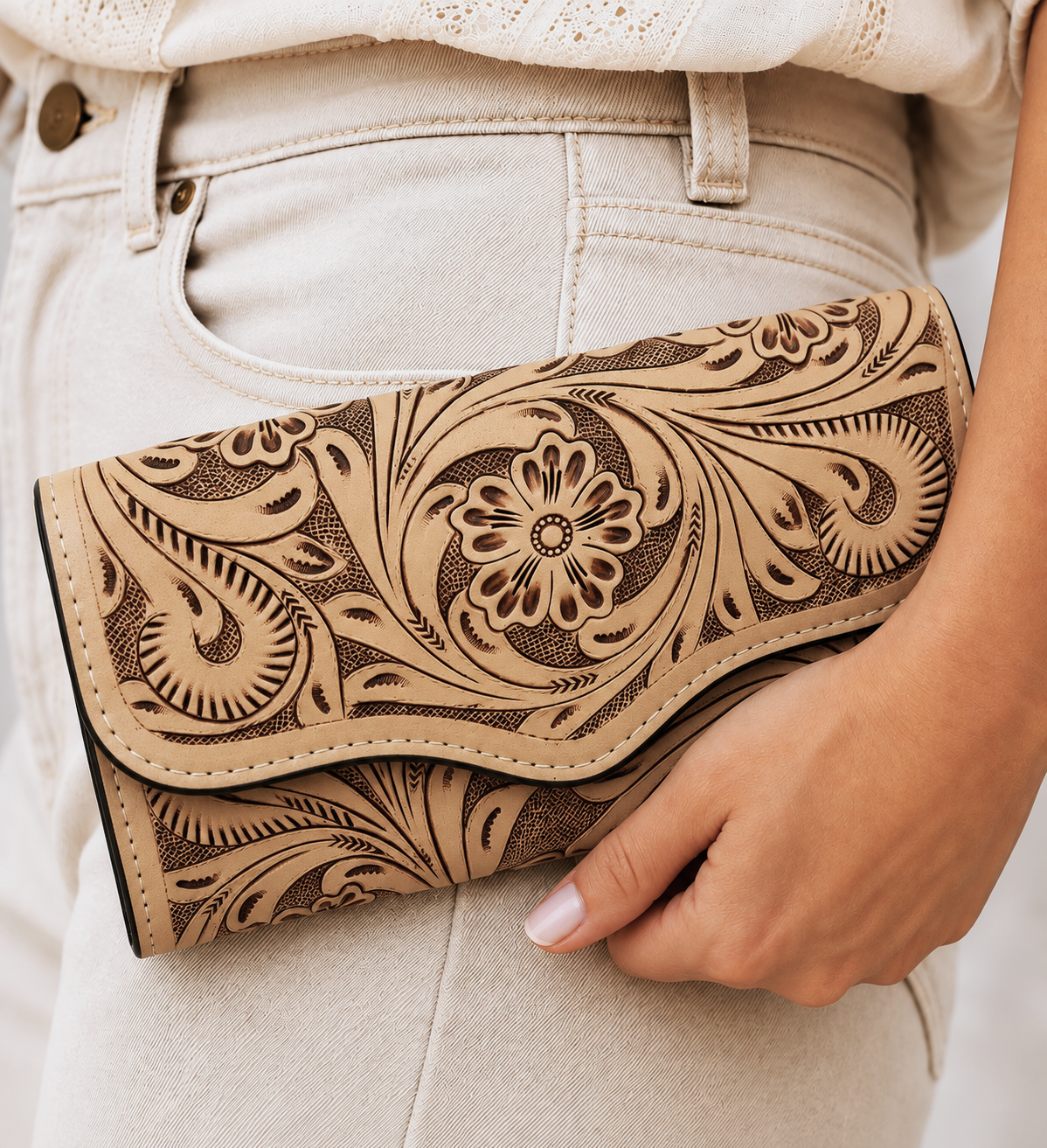 Western Tooled Walnut Brown Leather Clutch