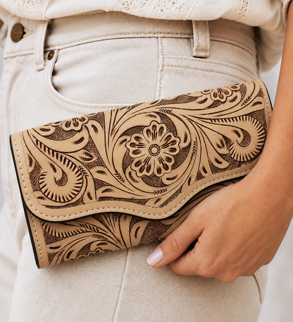 Western Tooled Walnut Brown Leather Clutch