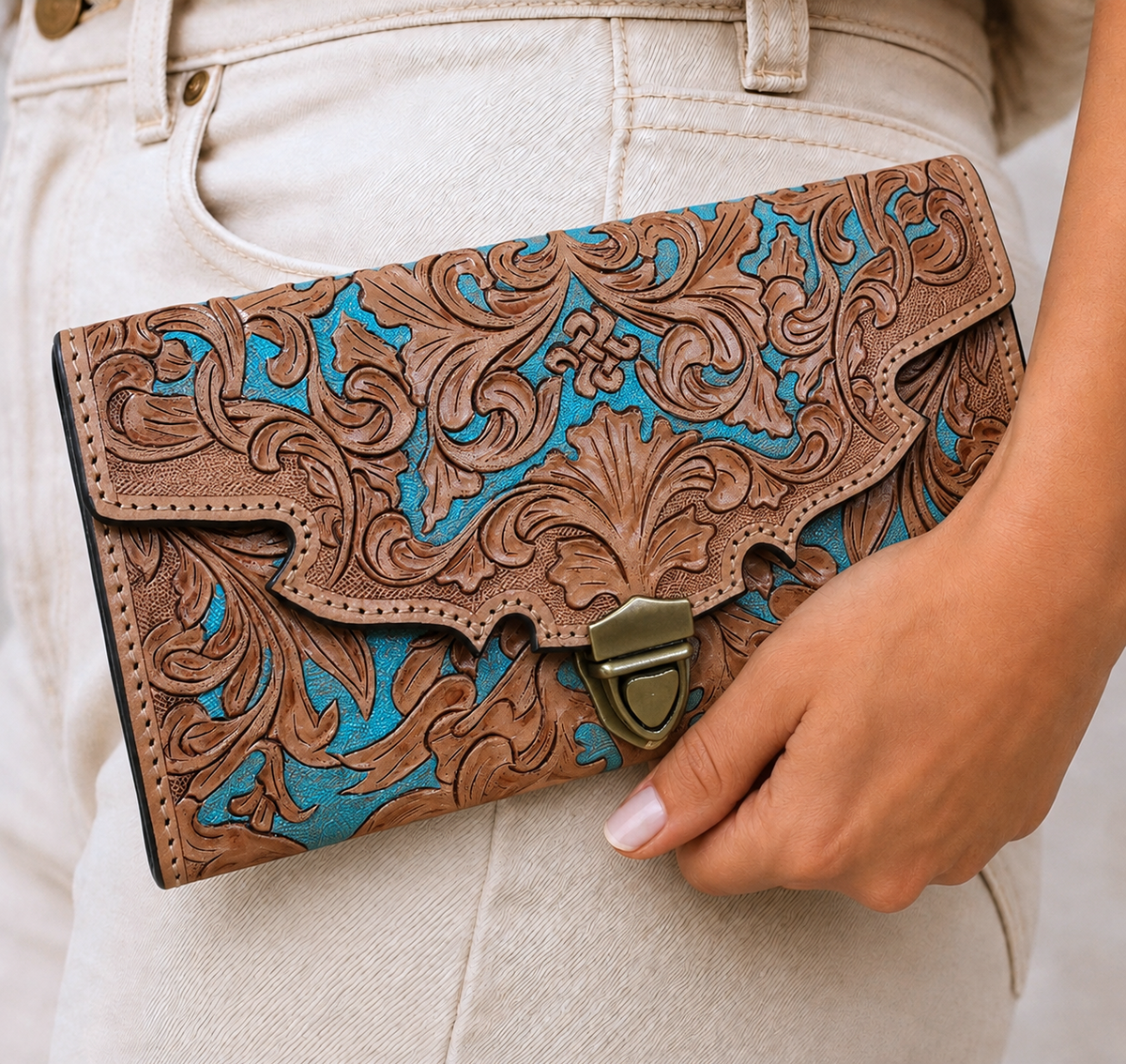 Western Tooled Floral Clutch