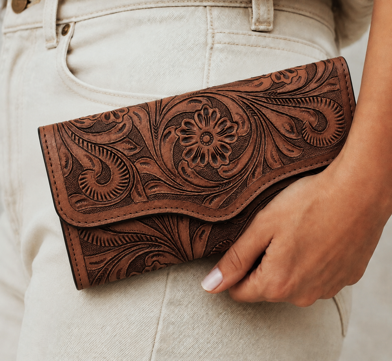 Western Tooled Walnut Brown Leather Clutch