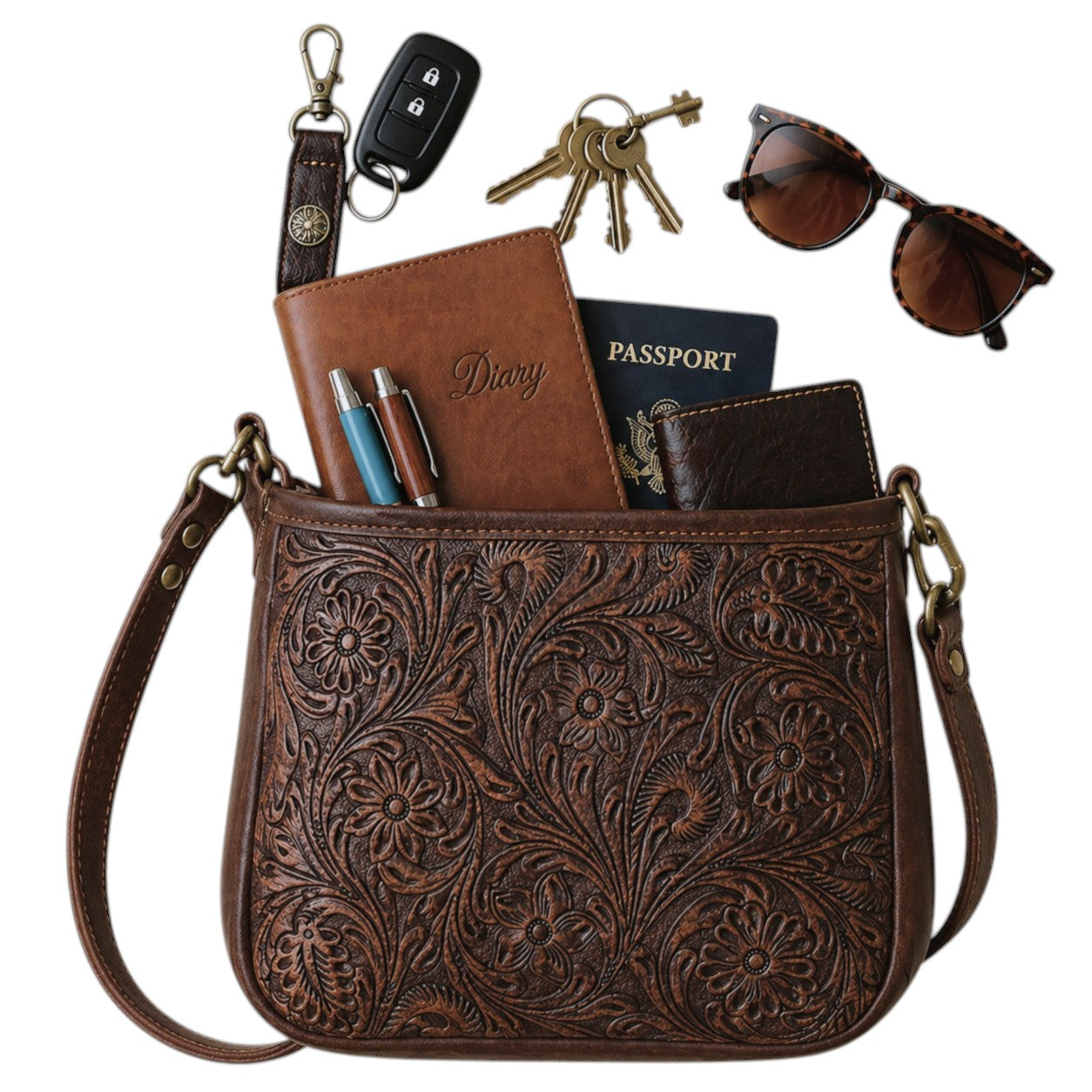Tooled Tan Leather Crossbody Purse